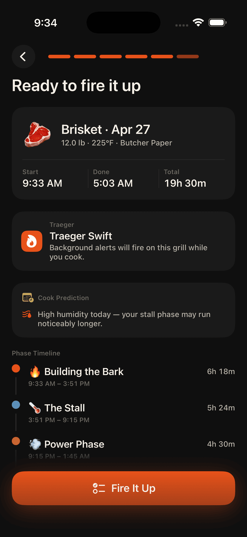 Smokecraft cook setup screen showing phase timeline, Traeger connection, and WeatherKit advisory