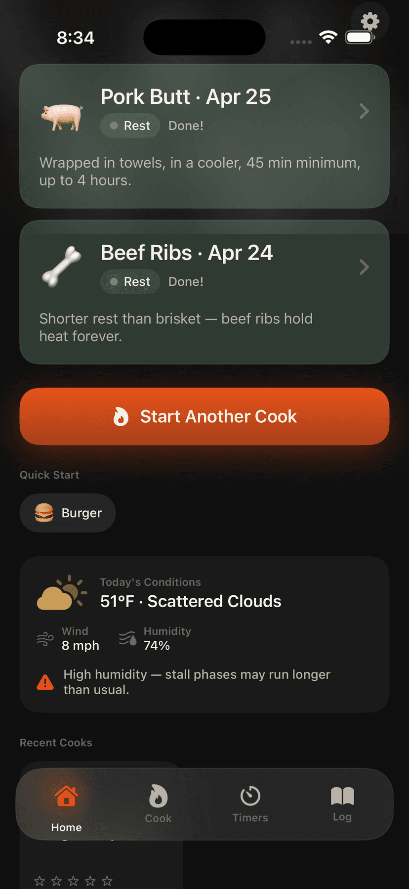 Smokecraft home screen with weather conditions and recent cooks